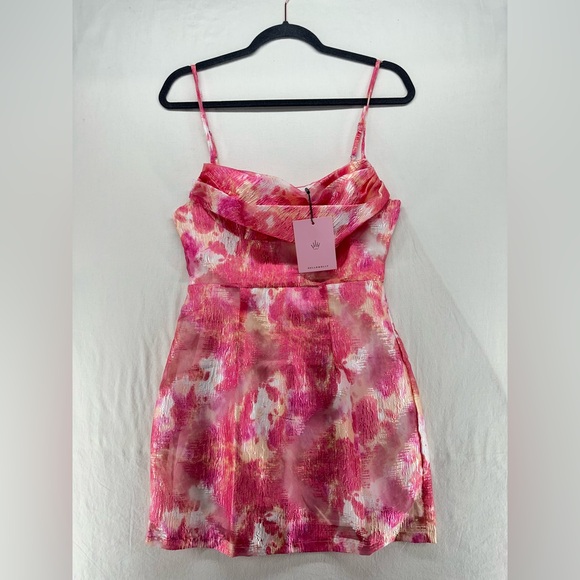 Hello Molly Dresses & Skirts - Hello Molly Draped Front Mini Dress Spaghetti Strap Pink Watercolor Size 4 NEW